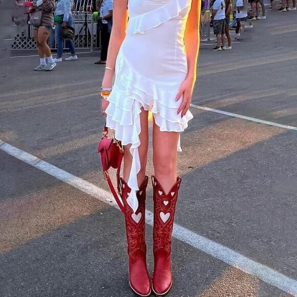 Women's Red Wide Calf Round Toe Chunky Stacked Heel Knee High Cowgirl Boot - Picture 2 of 9